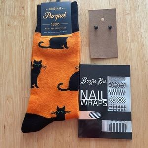 Black cat socks and earrings with Boujie Bee Nails. Brand New